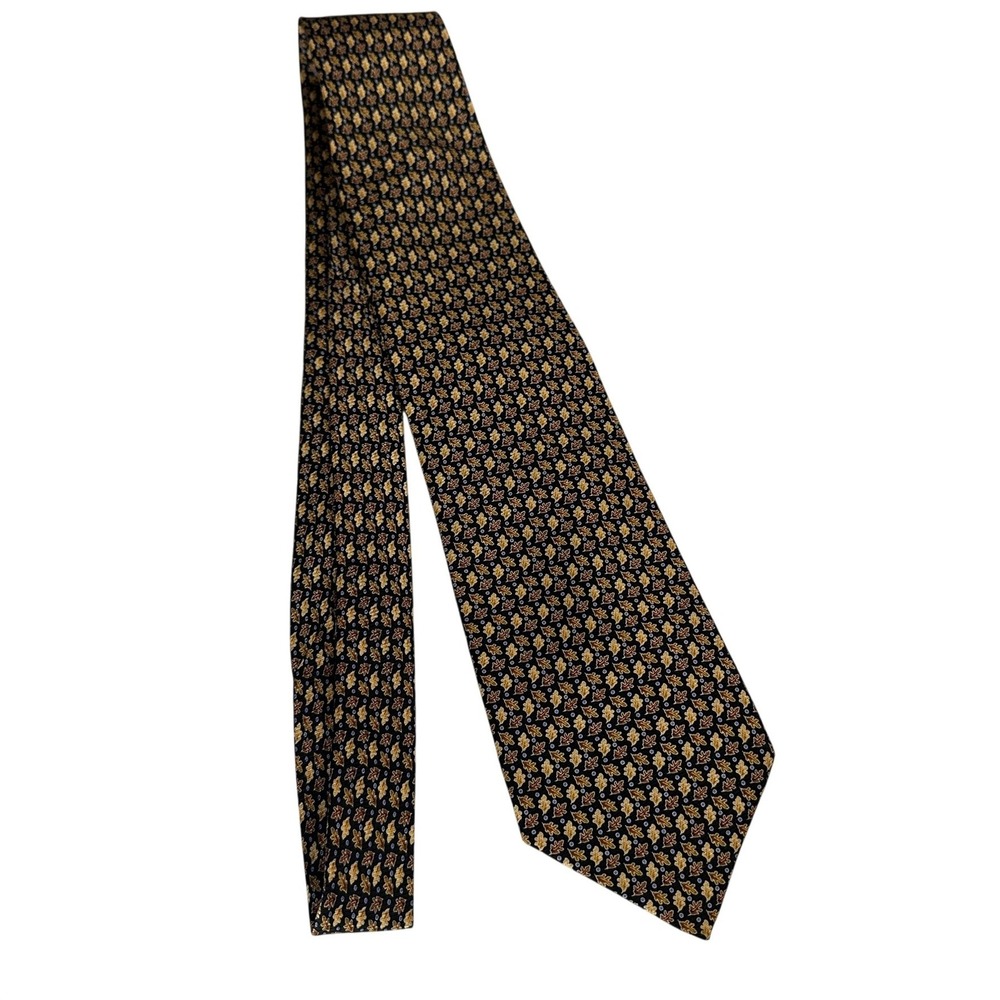Bijoux Terner Mens Silk Tie Black Gold Brown Oak Leaf Pattern Hand Made Long‎